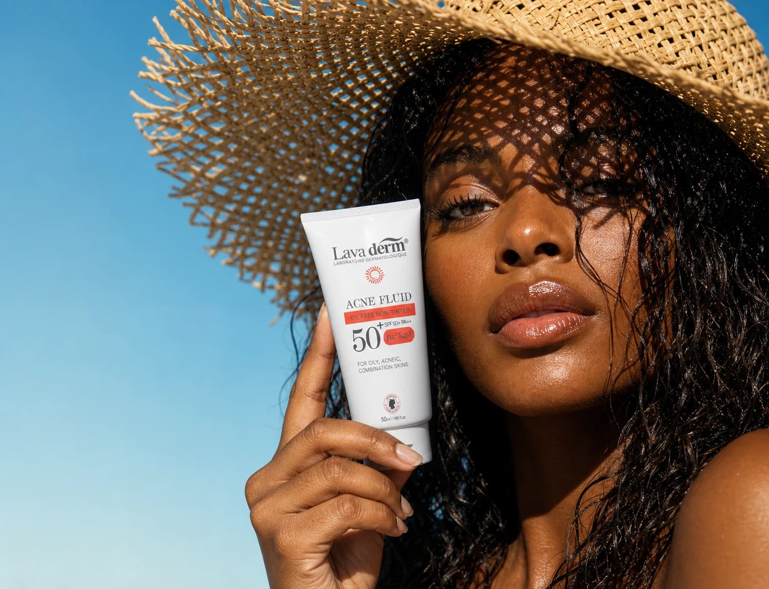 Lava Derm sun protection held in bright sunlight