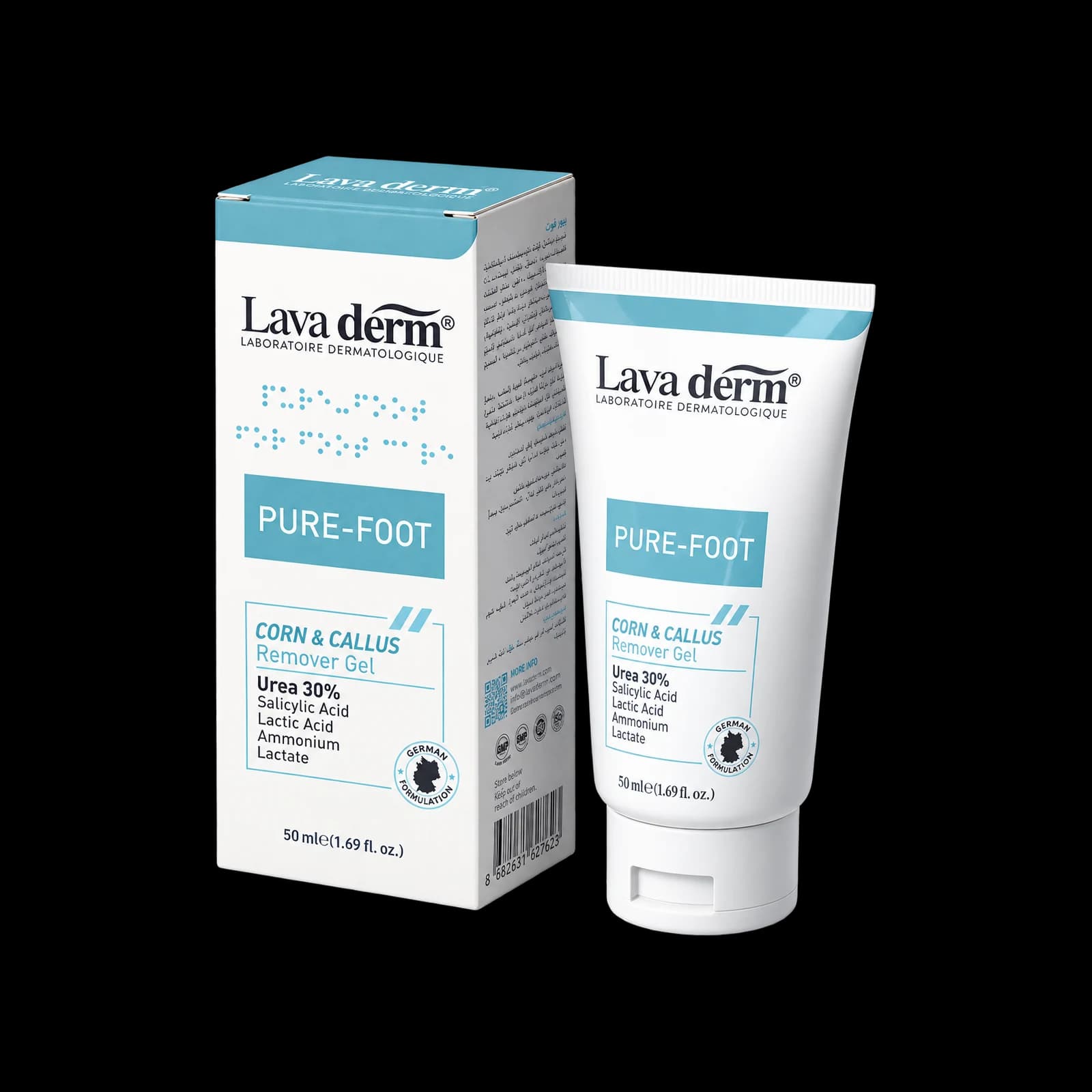 Lava Derm Pure-Foot corn and callus remover gel with 30% urea, 50 ml box and tube