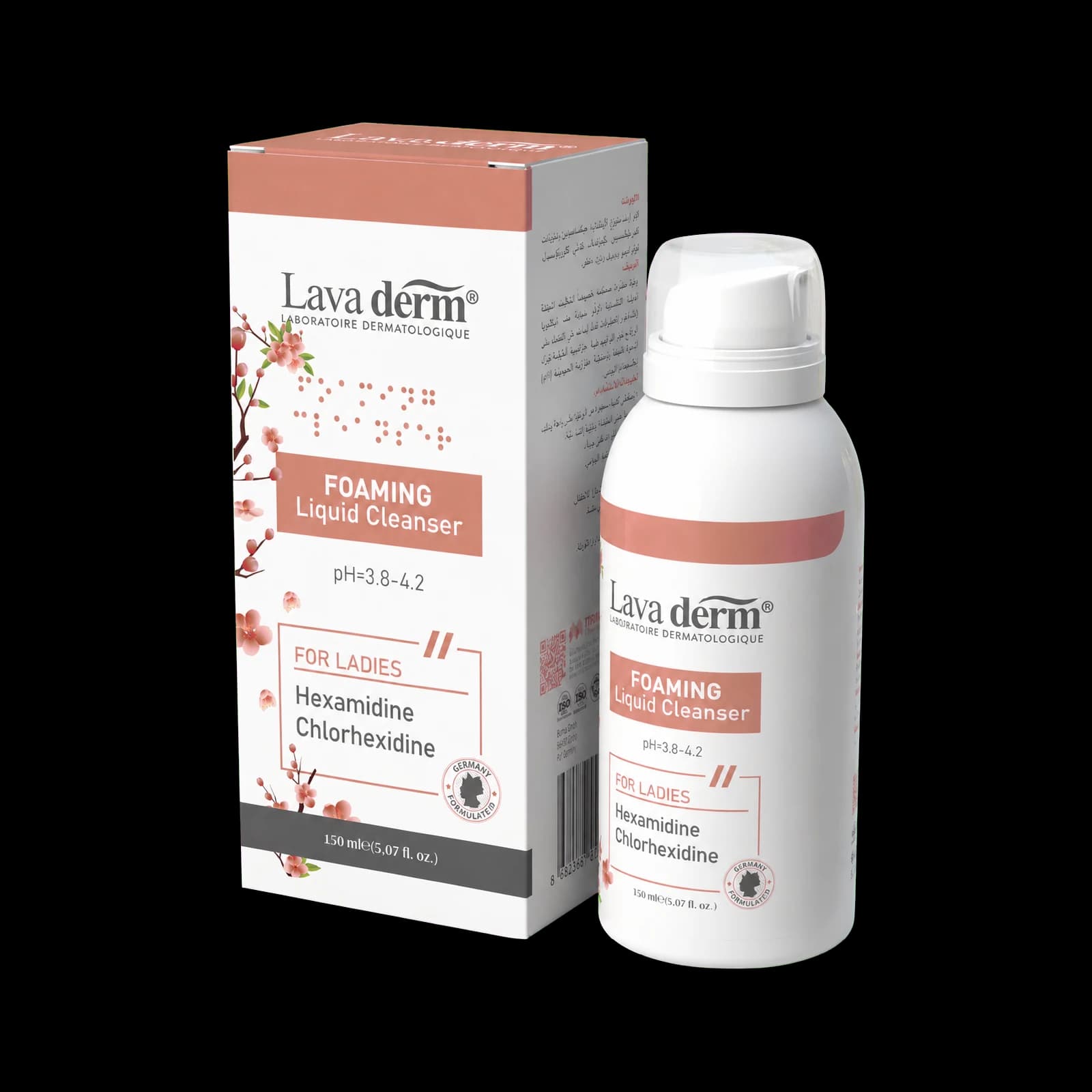 Lava Derm Foaming Liquid Cleanser for ladies, pH 3.8-4.2, 150 ml box and bottle