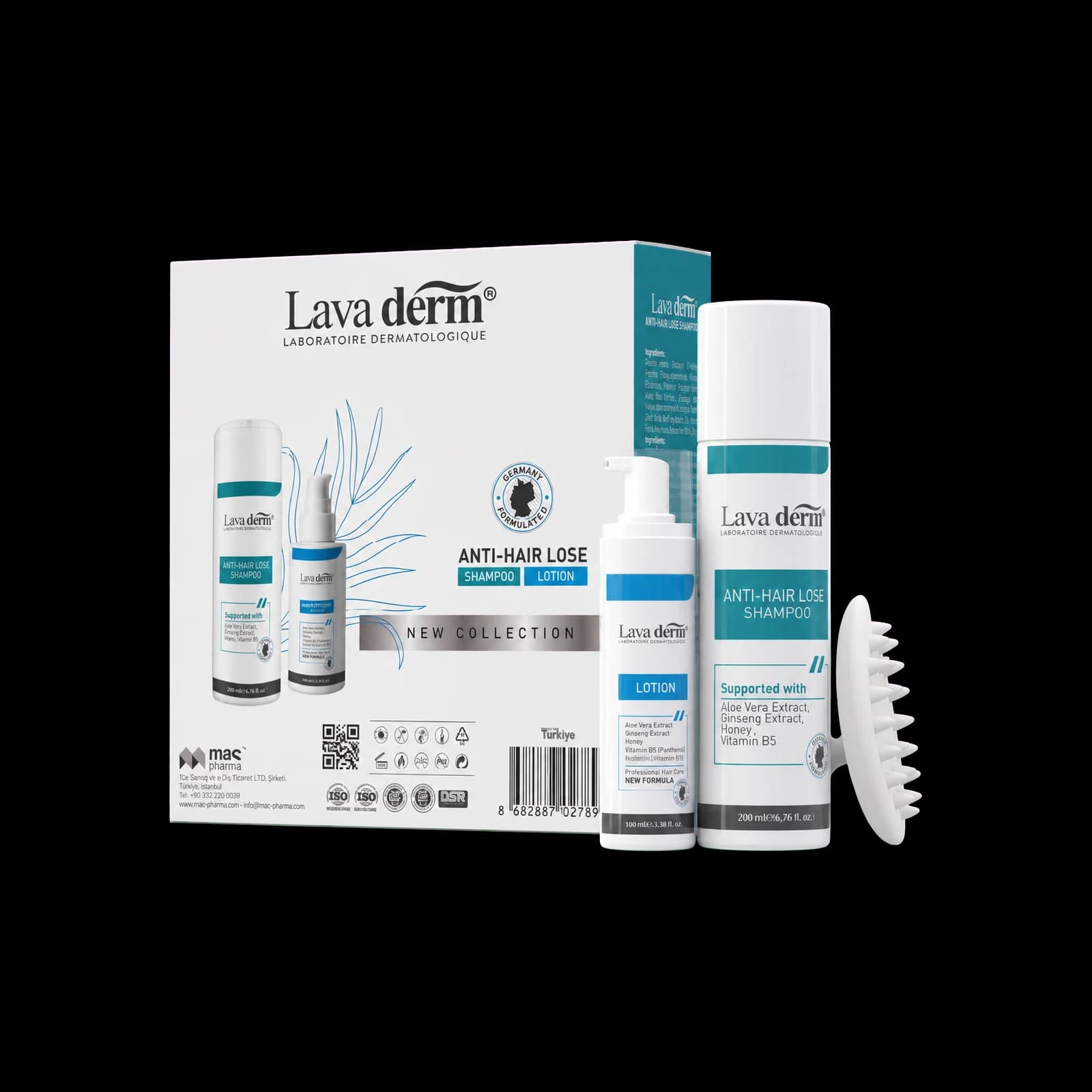 Lava Derm Anti-Hair Lose Set with 200 ml shampoo, 100 ml lotion, collection box and hair brush