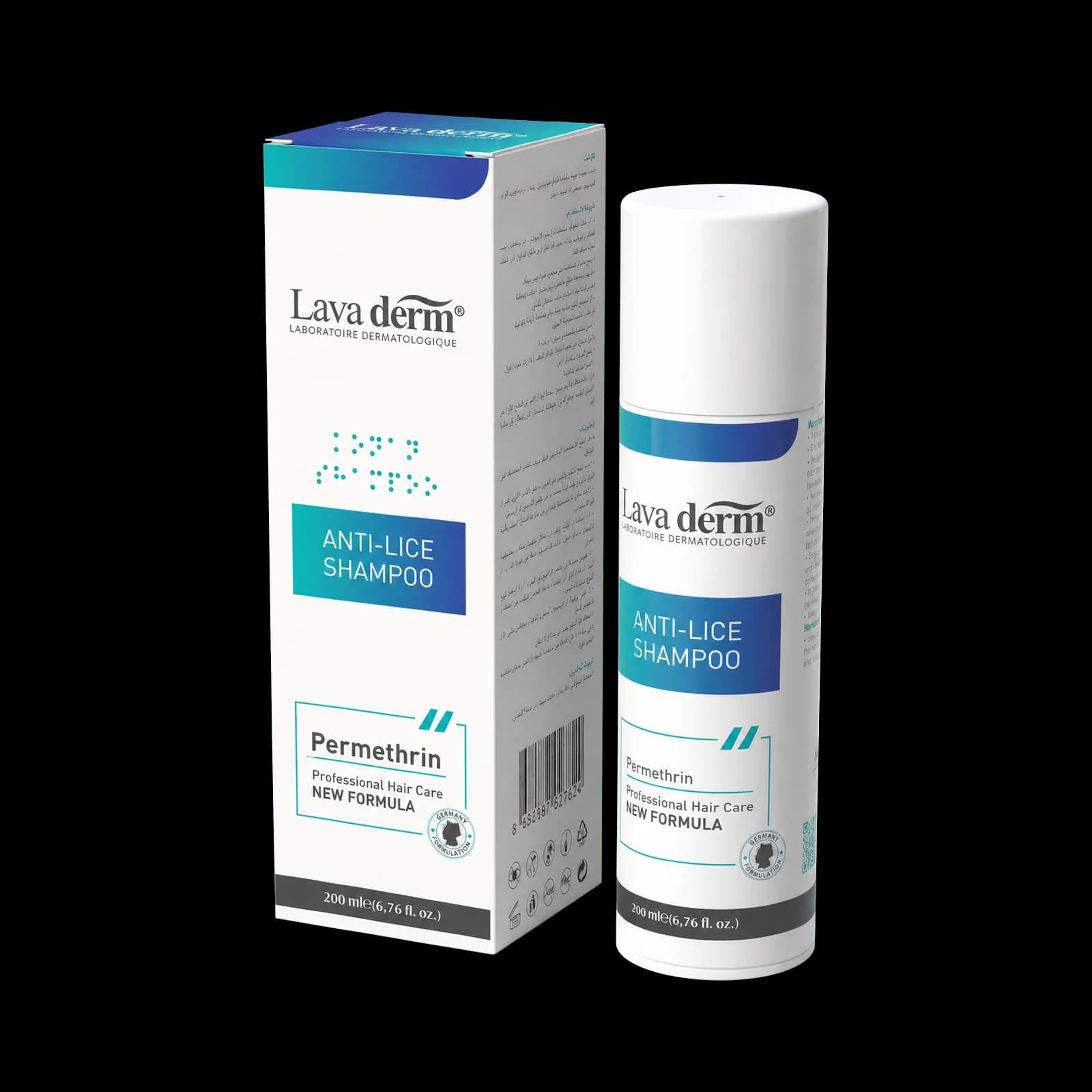 Lava Derm Anti-Lice Shampoo with permethrin, 200 ml box and bottle