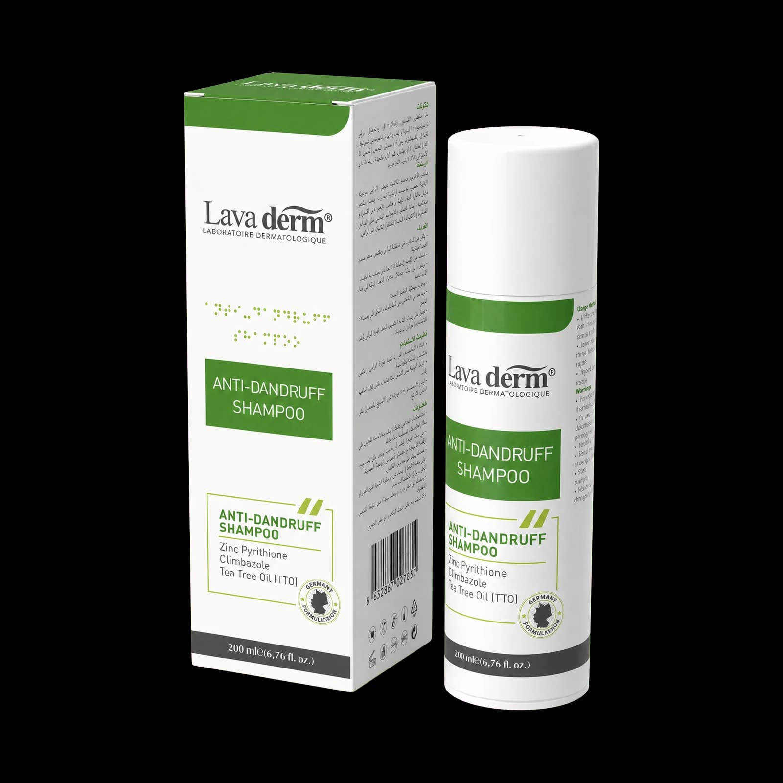 Lava Derm Anti-Dandruff Shampoo with zinc pyrithione, climbazole and tea tree oil, 200 ml box and bottle