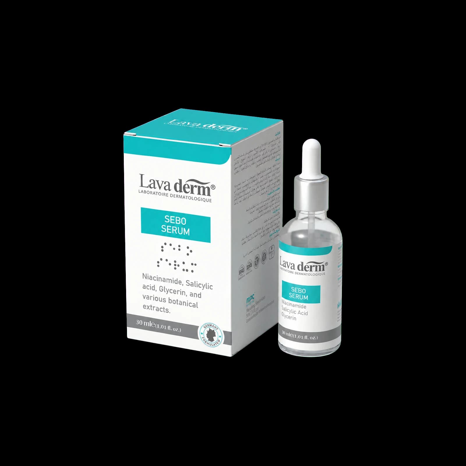 Lava Derm Sebo Serum, 30 ml box and dropper bottle