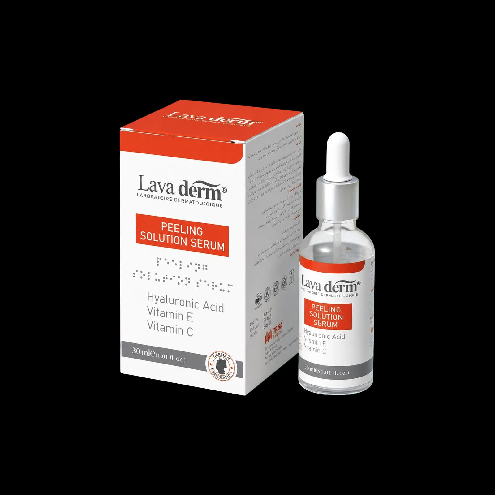 Lava Derm Peeling Solution Serum, 30 ml box and dropper bottle