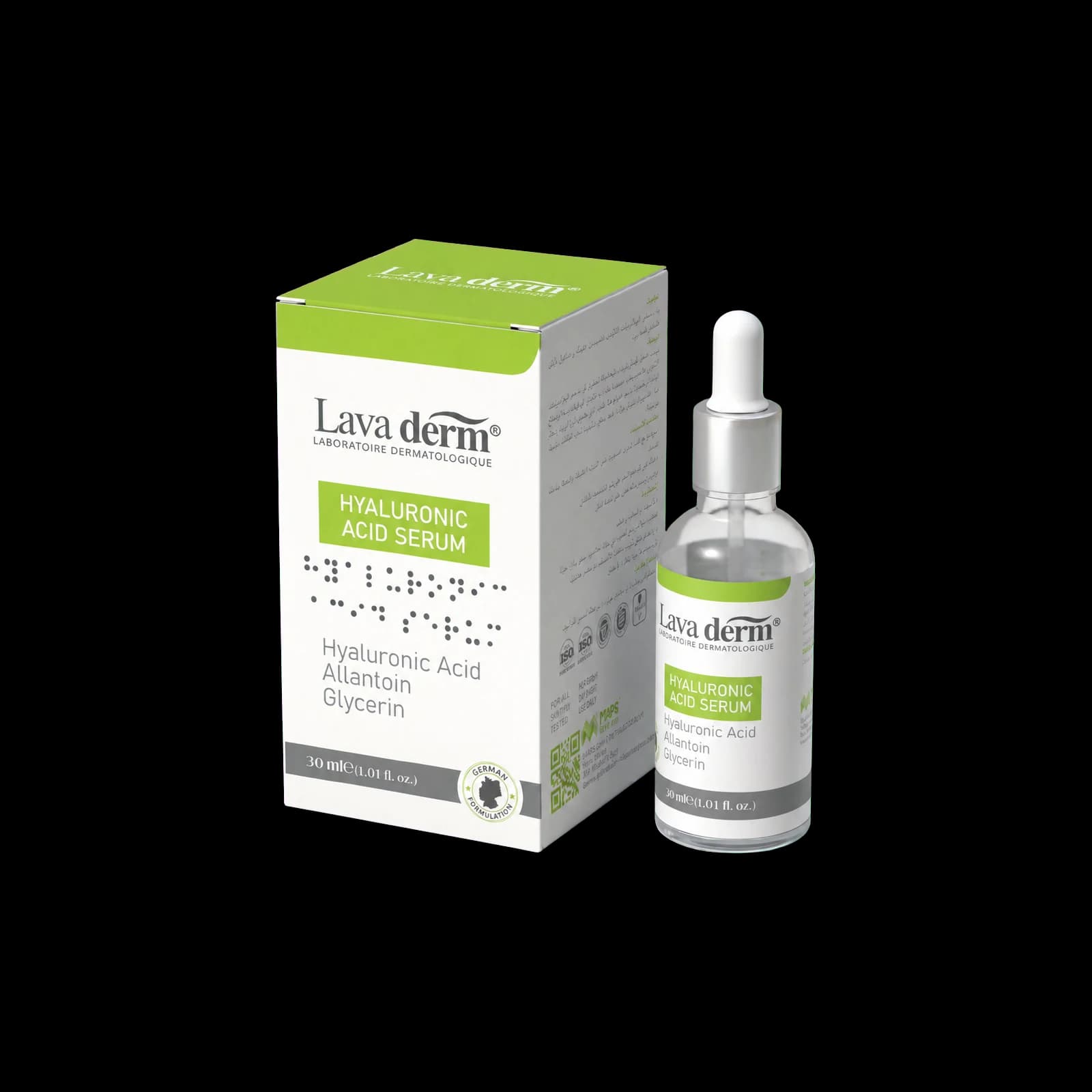 Lava Derm Hyaluronic Acid Serum, 30 ml box and dropper bottle