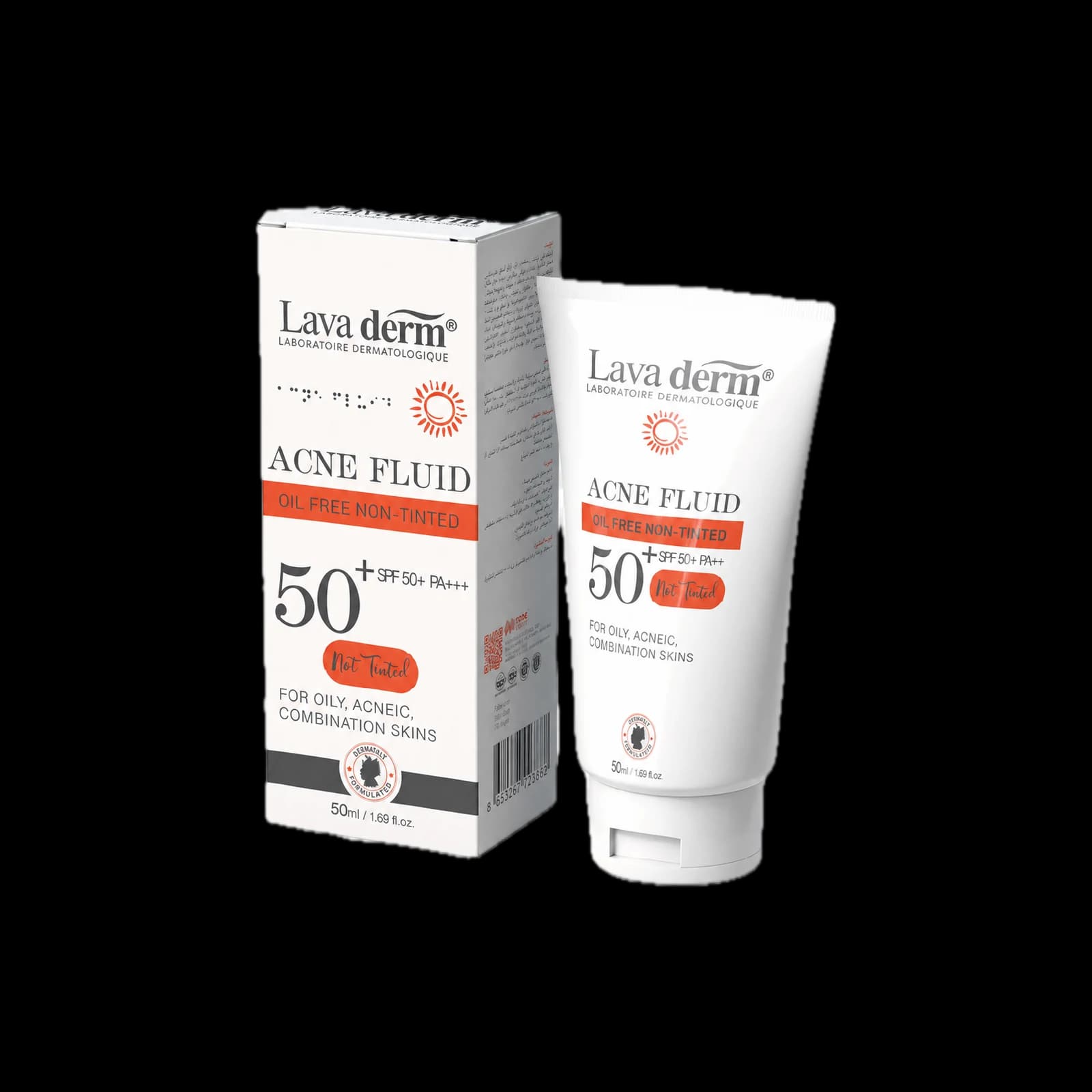 Lava Derm Acne Fluid SPF 50+ PA+++ oil-free non-tinted, 50 ml box and tube