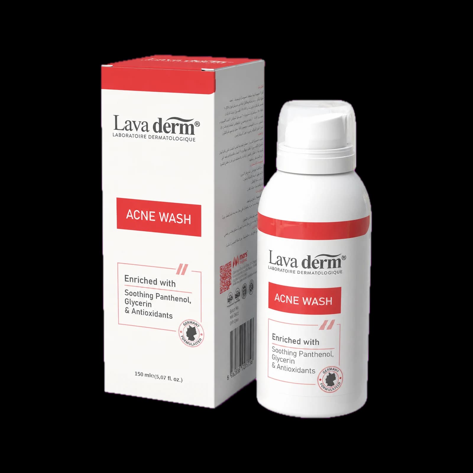 Lava Derm Acne Wash cleanser with panthenol, glycerin and antioxidants, 150 ml box and bottle