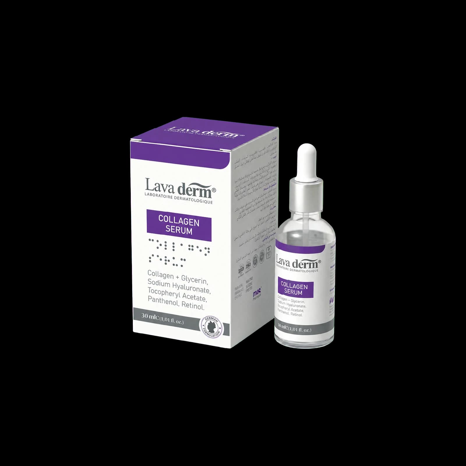 Lava Derm Collagen Serum, 30 ml box and dropper bottle