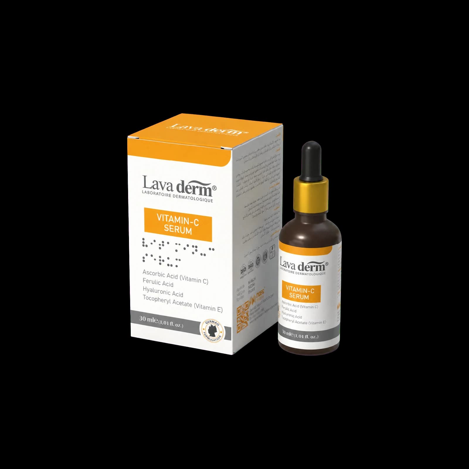 Lava Derm Vitamin-C Serum, 30 ml box and dropper bottle
