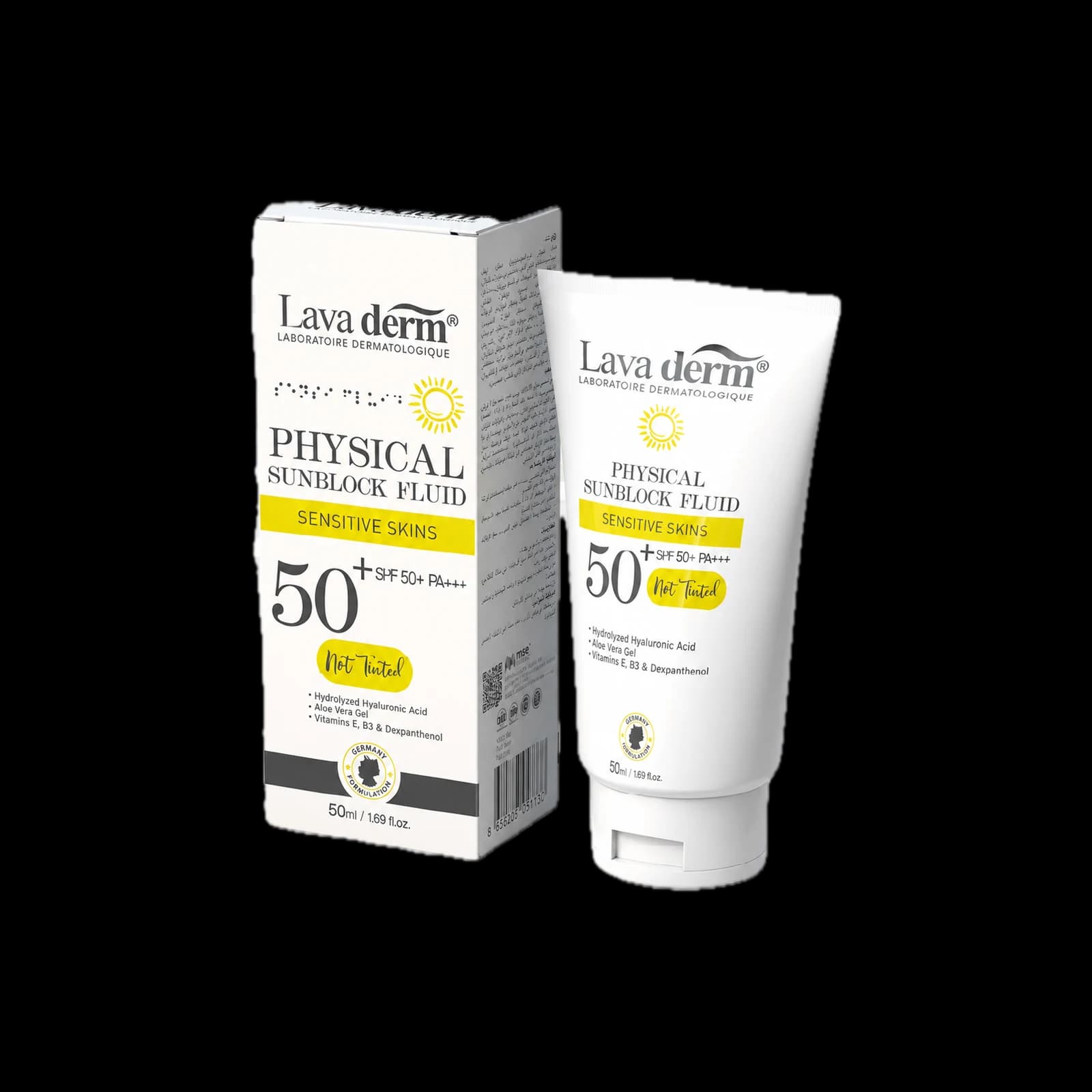 Lava Derm Physical Sunblock Fluid SPF 50+ PA+++ non-tinted, 50 ml box and tube