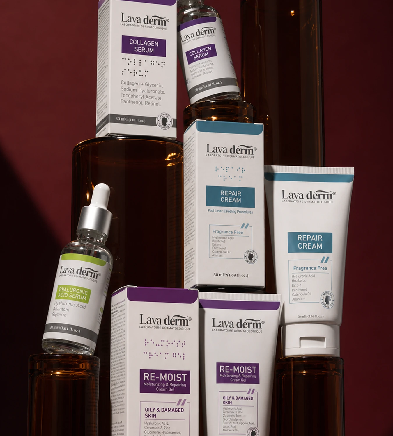 Lava Derm skincare collection in warm amber light