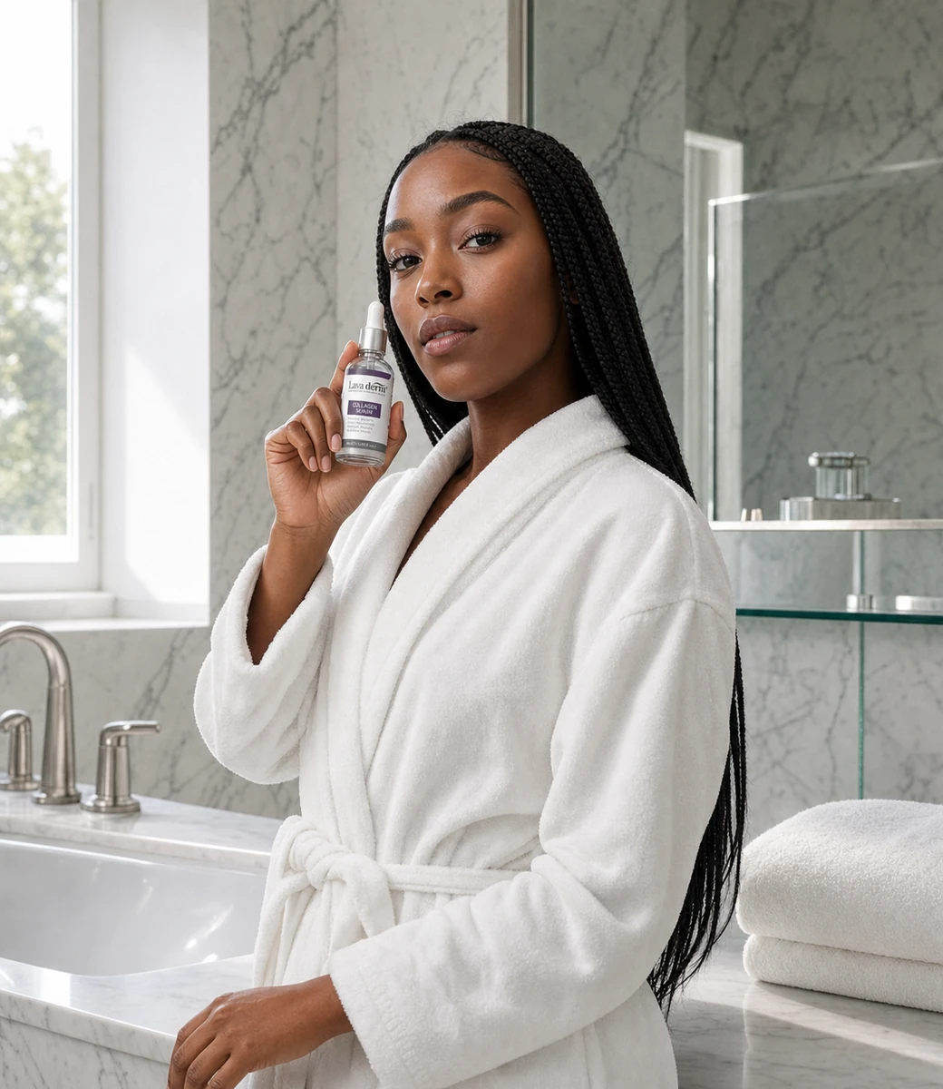 Lava Derm serum in a bright bathroom setting