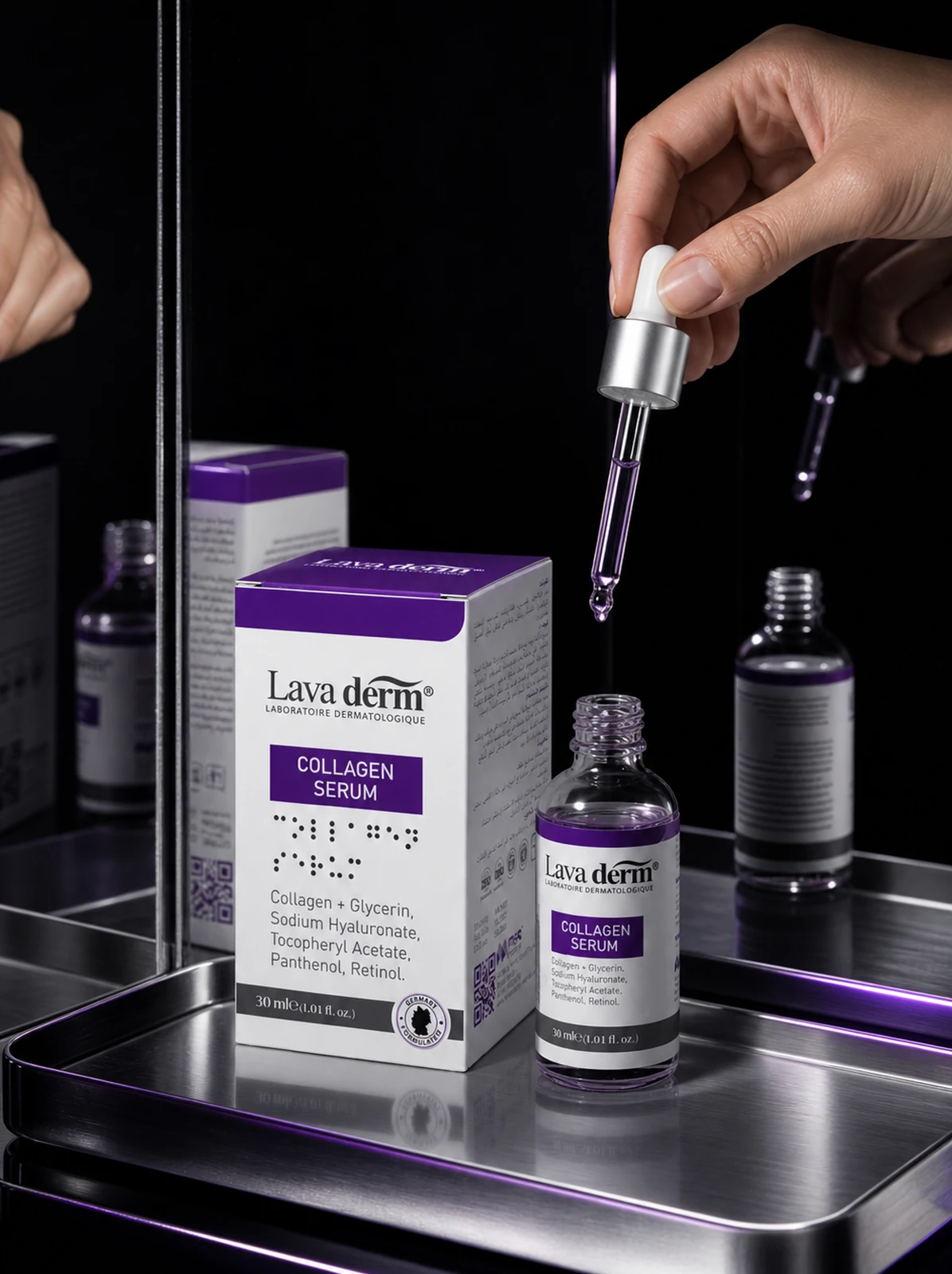 Lava Derm collagen serum in a mirrored studio