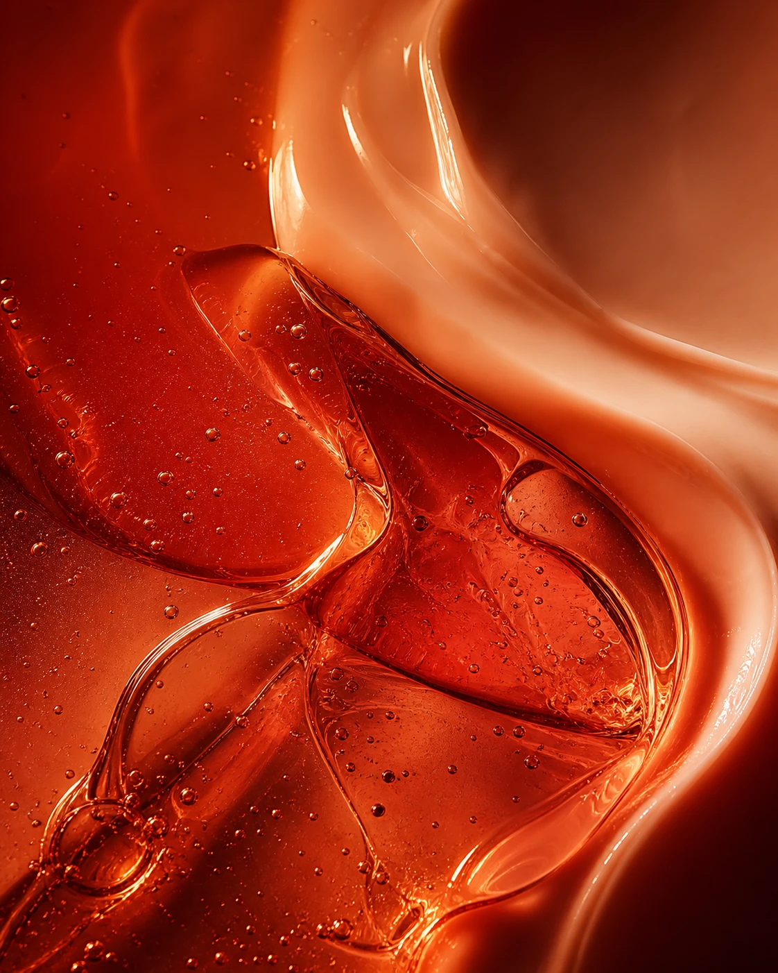 Amber serum and cream texture in a red editorial composition