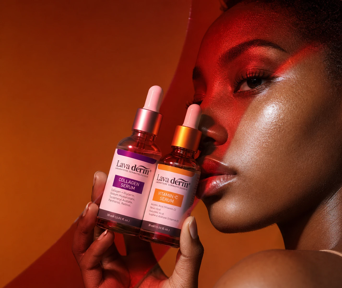 Woman holding Lava Derm serums in a high-contrast red editorial