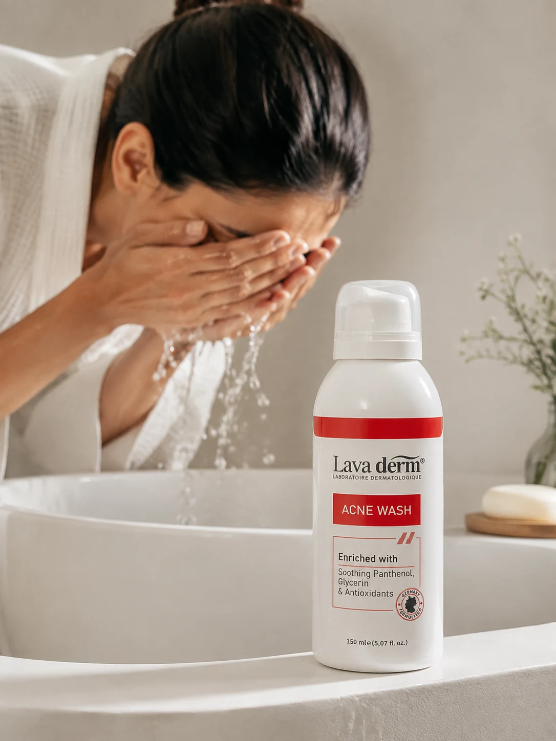 Yüzünü durulayan bir kadının bulunduğu lavabonun yanında Lava Derm Acne Wash.