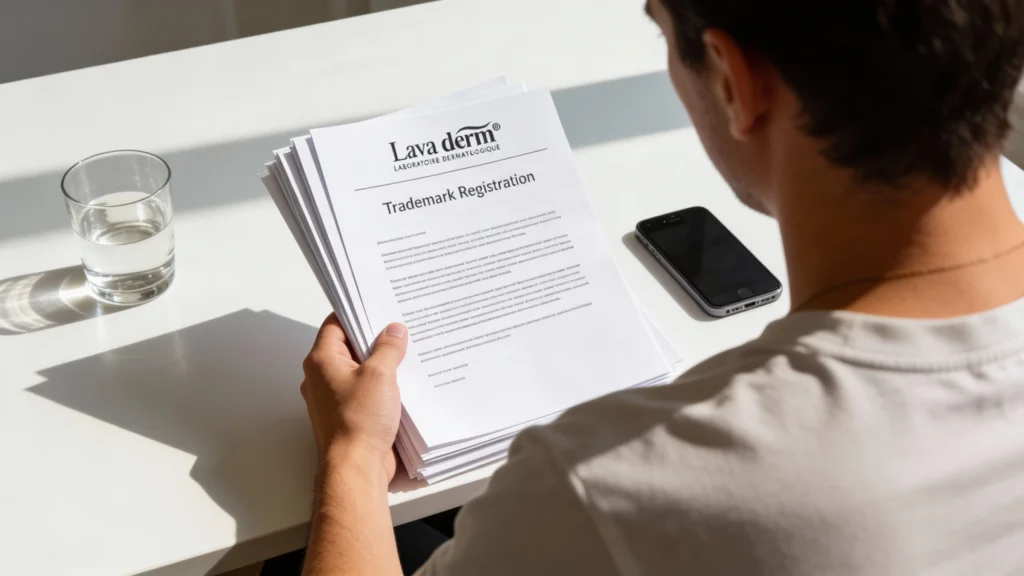 A realistic top-down shot of a person reviewing trademark registration documents with LavaDerm logo on a white office desk, sunlit professional environment.